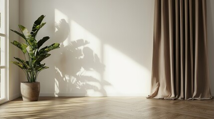 Wall Mural - Plant against a white wall with a brown curtain and wood floor, ideal for interior design mockups.