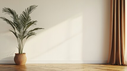 Wall Mural - Plant against a white wall with a brown curtain and wood floor, ideal for interior design mockups.