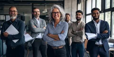 Poster - A professional team portrait showcasing business individuals has been captured in a contemporary office environment, emphasizing collaboration, communication, and confidence among the diverse group
