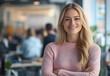 © Prasanth - Portrait of a smiling blonde woman wearing a pink sweater, standing in a busy modern office with her arms crossed.