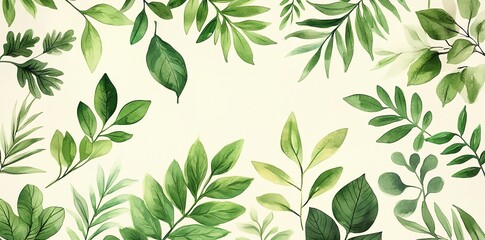 Poster - Watercolor painting of various green leaves on a beige background.