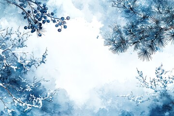 Poster - Watercolor painting of winter branches with berries and pine needles against a white background.