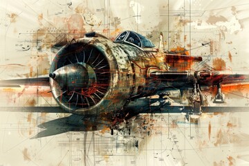  A vintage propeller airplane, painted in a watercolor style, with a blurred background of a world map.