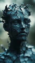 Poster - A 3D rendering of a human head with a cracked and broken surface, symbolizing fragility and vulnerability.