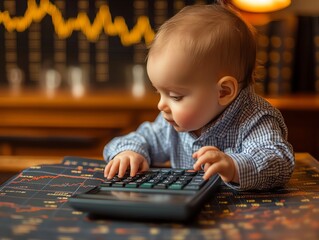 Poster - A baby boy in a blue shirt is lying on a table with a calculator and financial graphs. He's looking at the calculator and his hands are on the buttons.