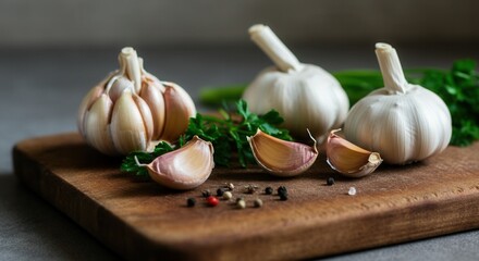 Wall Mural - Fresh garlic bulbs with parsley on wooden cutting board