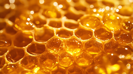 Poster - Close-up of a honeycomb filled with golden, bubbling honey and shimmering in the light