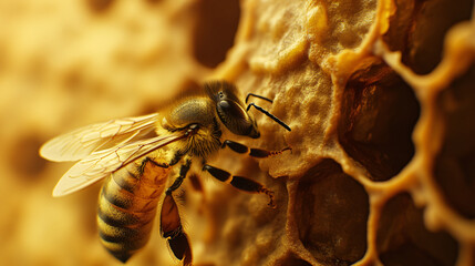 Poster - Honey bee at work inside a beehive, producing honey on a honeycomb