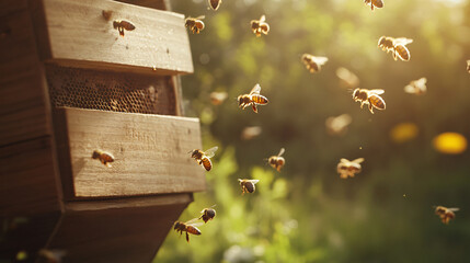 Poster - Bees buzzing around a wooden beehive in a vibrant garden on a sunny day, busy collecting honey and pollinating flowers, showcasing the beauty of beekeeping and nature in action
