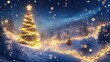 © PetrovMedia - Winter night Christmas scene a snow-covered landscape illuminated by festive Christmas Tree with glowing lights