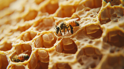 Poster - Busy honey bee strolls on a golden honeycomb, making sweet honey. The intricate wax hive serves as a backdrop, highlighting the bee's role in food production