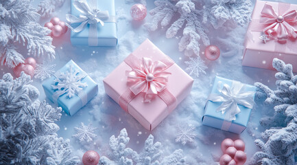 Poster - Wrapped presents in various shades of blue and pink, adorned with bows, are scattered on a snowy surface