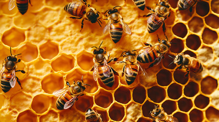 Poster - Close-up shot of busy honey bees creating delicious honey on a vibrant honeycomb backdrop, gathering nectar and pollen, highlighting the beauty of nature's intricate cells