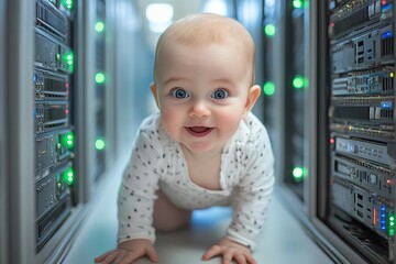 Aufkleber - A baby crawls through a server room, surrounded by racks of servers.