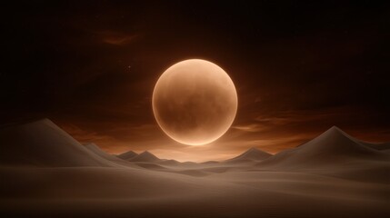 Wall Mural - A large orange planet is in the sky above a desert landscape