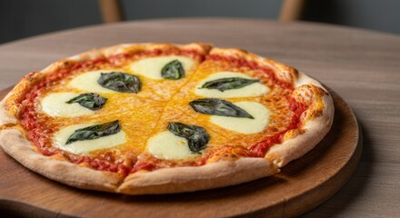 Canvas Print - Fresh homemade Italian margherita pizza on wooden table