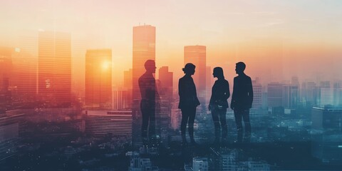 Aufkleber - Against a stunning cityscape at sunset, silhouetted business professionals embody ambition and inspiration as they collaborate and communicate, moving towards shared goals and growth in their careers