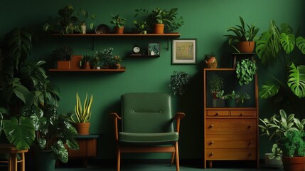 Poster - Serene Indoor Plant Sanctuary Featuring Lush Green Foliage, Cozy Chair, Wooden Shelves, and Vibrant Decor Elements in a Stylish Living Space