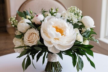 Wall Mural - Elegant Wedding Invitations with Watercolor White Flower Bouquet Featuring Creamy Peony and Ivory Rose