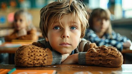 Poster - A young boy sits at a classroom desk, resting his chin on his arms while gazing pensively. Classmates are seen in the background, engaged in their activities.