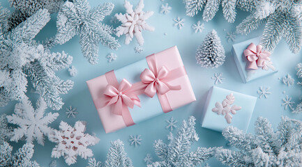 Poster - Pink and blue wrapped gifts with delicate snowflakes and frosted pine branches surround them on a light blue background. The festive scene evokes a sense of winter joy and anticipation