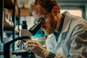 Poster - A researcher wearing glasses and a white lab coat uses a microscope to examine specimens in a laboratory A bespectacled researcher in a lab, studying specimens under a microscope