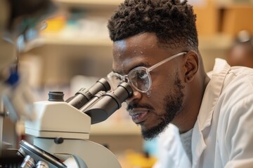 Poster - A researcher with glasses is looking through a microscope in a lab A bespectacled researcher in a lab, studying specimens under a microscope