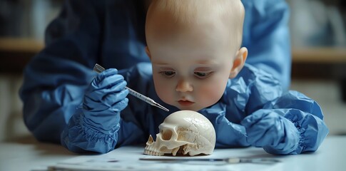 Aufkleber - A baby in blue overalls examines a skull with a tool.