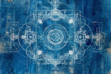 Poster - a blueprint design with intricate geometric patterns and circular shapes, rendered in white against 