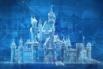 Poster - A blueprint illustration depicting a fantasy castle with numerous towers and a large, elaborate entrance A blueprint illustration of a fantasy castle