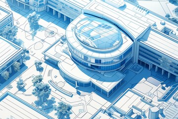 Poster - An aerial blueprint view of a cutting-edge medical facility featuring a circular building with a large dome A blueprint plan for a cutting-edge medical facility