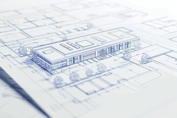 Poster - A detailed architectural blueprint for a modern medical facility, showcasing a building design A blueprint plan for a cutting-edge medical facility