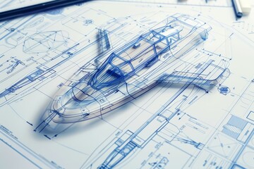 Poster - a detailed blueprint of a futuristic aircraft design, featuring a sleek, innovative form a blueprint