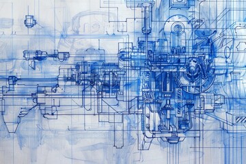 Poster - A close-up of a blueprint sketch depicting a complex machinery system with intricate details and various components A blueprint sketch of a complex machinery system