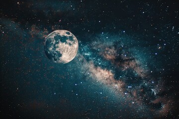 Wall Mural - a breathtaking view of a full moon shining brightly against a backdrop of the milky way galaxy a bre