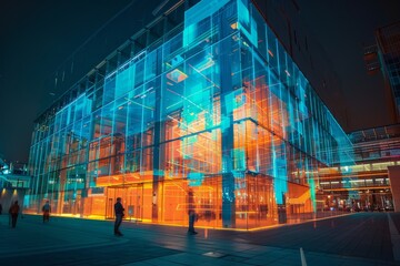 Poster - A glass building at night, illuminated with holographic projections of blue and orange light A building covered in holographic projections that shift and change