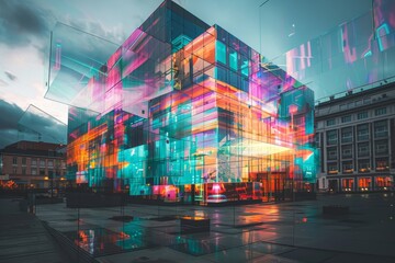 Poster - A building covered in vibrant holographic projections illuminates the city streets at night A building covered in holographic projections that shift and change