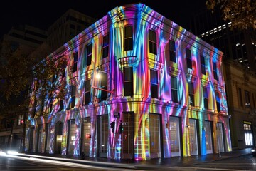 Poster - A historic building in a city is illuminated by vibrant holographic projections A building covered in holographic projections that shift and change