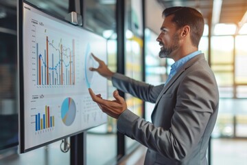 Poster - A businessman stands in front of a large screen displaying charts, giving a presentation in a modern office A businessman giving a presentation with charts and graphs