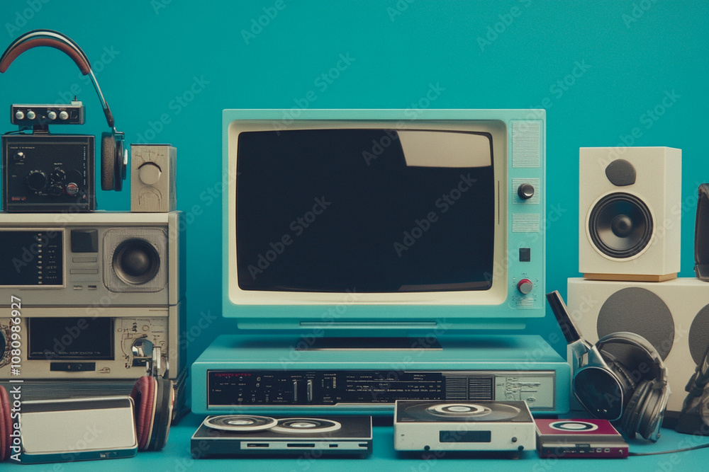 Retro Evolution Device Retro technology devices arrangement with vintage electronics including ...
