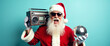 © schiers_images - Santa Claus joyfully poses with a vintage boombox and a silver ornament. The cheerful holiday spirit is captured against a vibrant blue background, emphasizing a fun and energetic Christmas atmosphere
