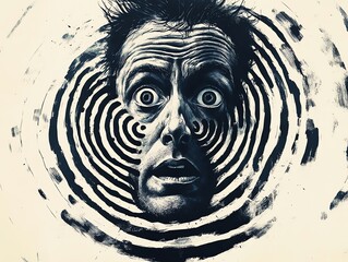 Poster - A black and white illustration of a man's face with a shocked expression, surrounded by concentric circles. The face appears to be falling into the center of the circles.