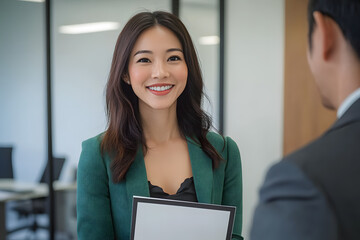 Sticker - Asian woman smiling confidently holding her resume during a job interview in a modern office, showcasing readiness for the opportunity. Successful meeting between candidate and interviewer