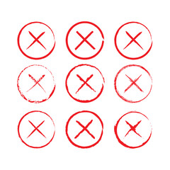 Poster - Red cross sign set. Wrong mark collection. Red cross X symbol. Red grunge X icon. Cross brush signs - stock vector.