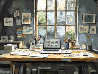 Poster - A bright, sun-drenched artist's studio with a laptop, paint brushes, and artwork on the walls.
