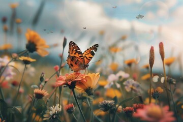 Wall Mural - A butterfly with brown, orange, and black wings flutters among a field of pink and white wildflowers A butterfly fluttering among wildflowers