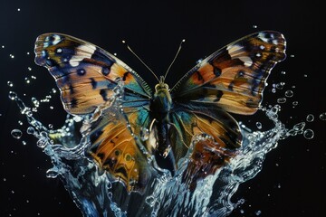 Poster - A butterfly with blue and brown wings lands on a still water surface, creating a small splash as the water ripples outwards A butterfly with wings that appear to be made of flowing water