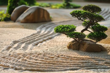 Poster - A serene Zen garden with meticulously raked sand and a small bonsai tree A calming Zen garden with carefully raked sand and bonsai trees
