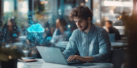 Aufkleber - Young Professional Working on a Laptop in a Caf with Cloud Technology Visuals