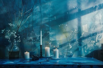 Poster - a textured blue backdrop with a hint of whimsy featuring a delicate branch with leaves in the corner
